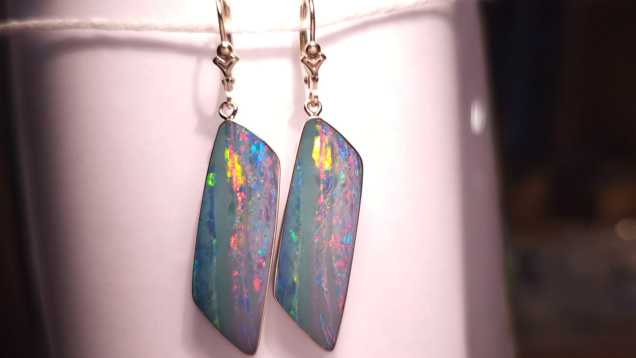 Fire Twins' Australian Opal Earrings 14ct Gold Dangle Jewelry Gift 22.8ct J42