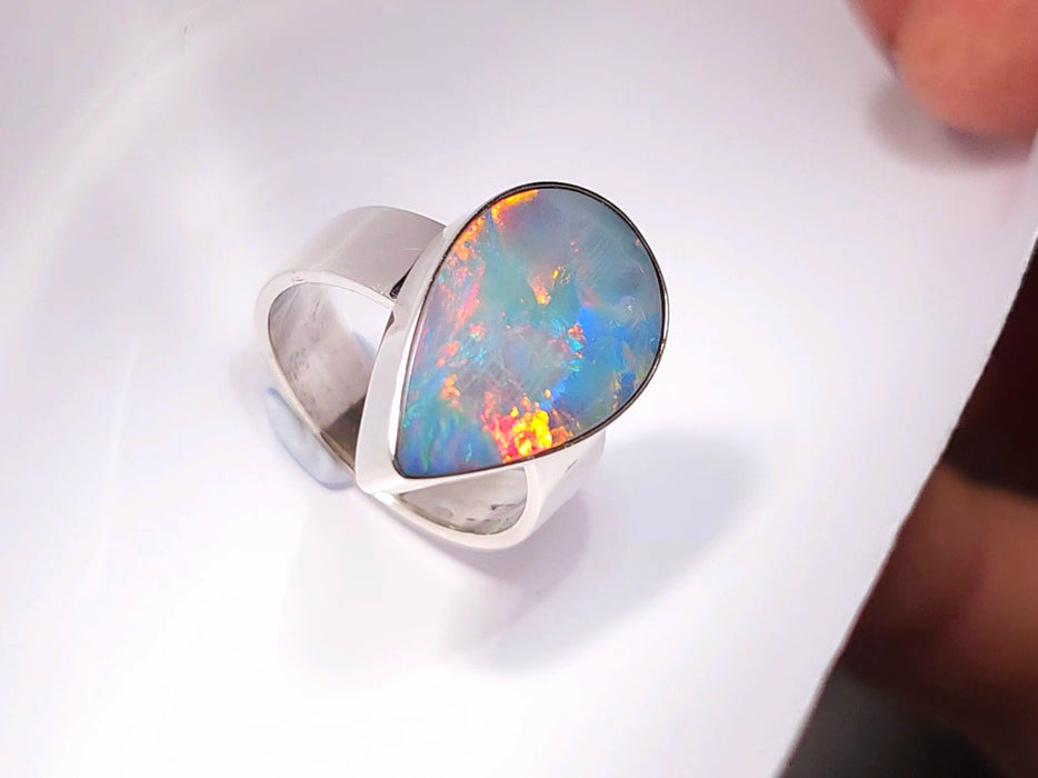 Fiery Tear' Large Unisex Australian Opal Silver Ring 6.2g Free Re-Size 7.5 K94
