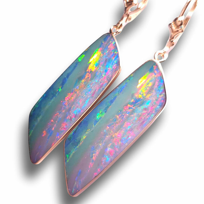 Fire Twins' Australian Opal Earrings 14ct Gold Dangle Jewelry Gift 22.8ct J42