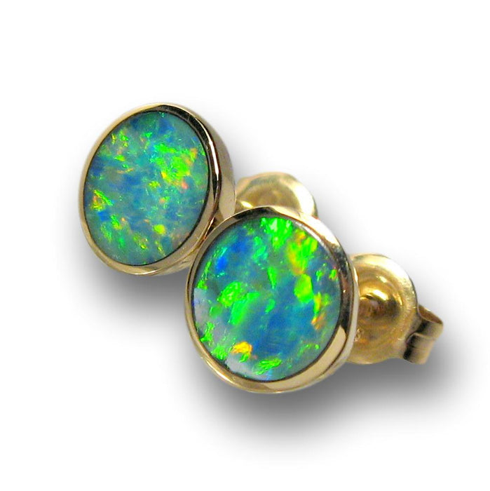 Australian Stud Opal Earrings Inlay Jewelry Gem Gift 7mm 14kt Gold 4.35ct J09