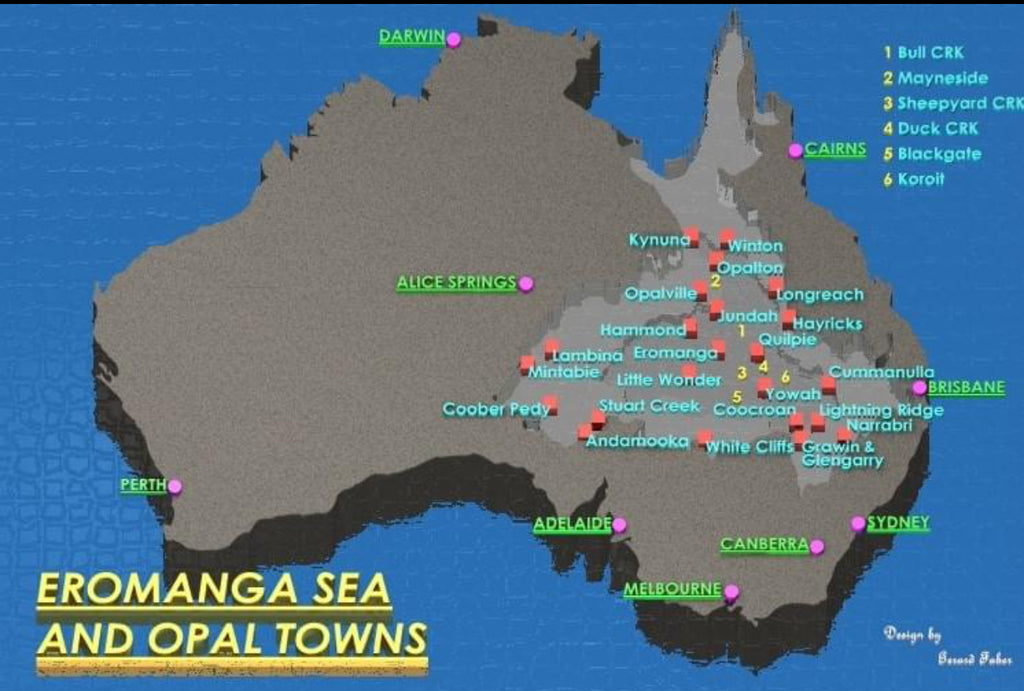 The map shows the Eromanga Sea and the opal towns that exist.