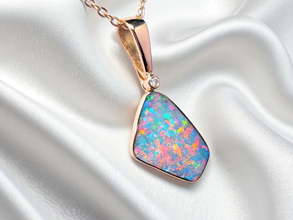 Rosaregale' Australian Opal & Diamond Pendant Gem Gift 14k Pink Gold 12ct O37