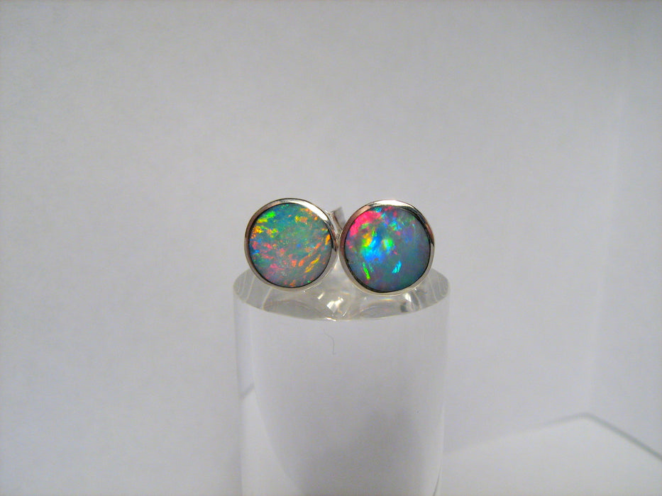 Australian Opal Earrings Silver Inlay Stud Jewelry Gem Gift 8mm 7.1ct J05