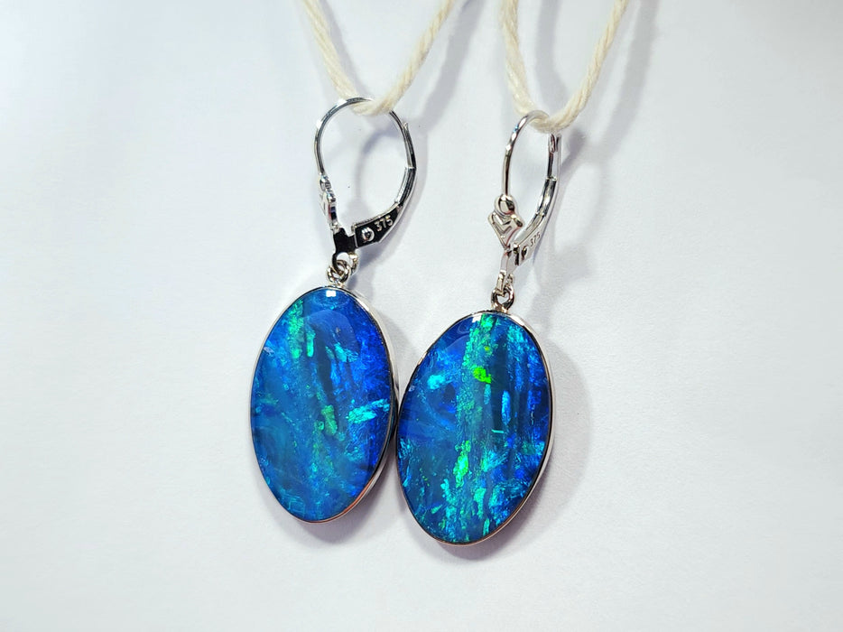 Blue Bells' Large Australian Opal Solid White Gold Dangle Earrings 4.6g Q63