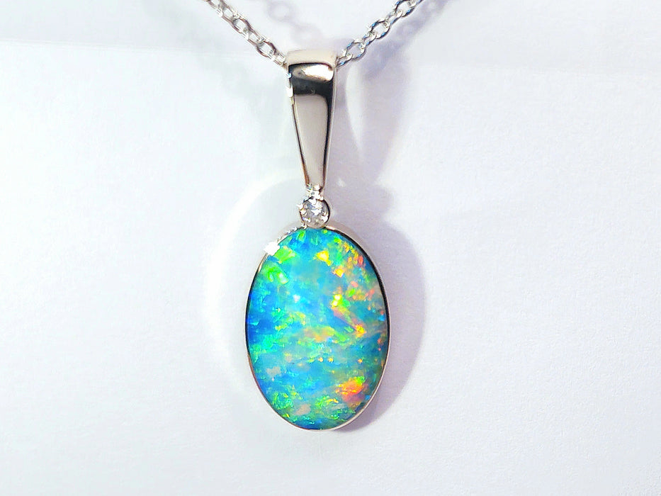 Reine Blanche' Rare Australian Opal & Diamond Pendant 14k White Gold 13.2ct P66