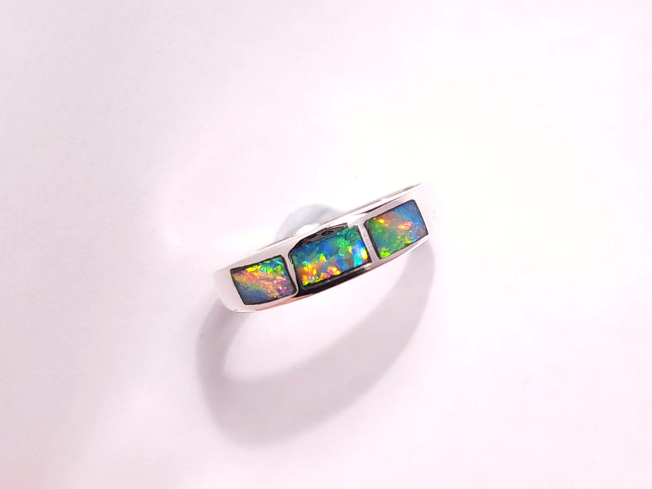 Laser Bow' Natural Australian Inlay Opal Ring Size 7 Silver Gem Gift J69
