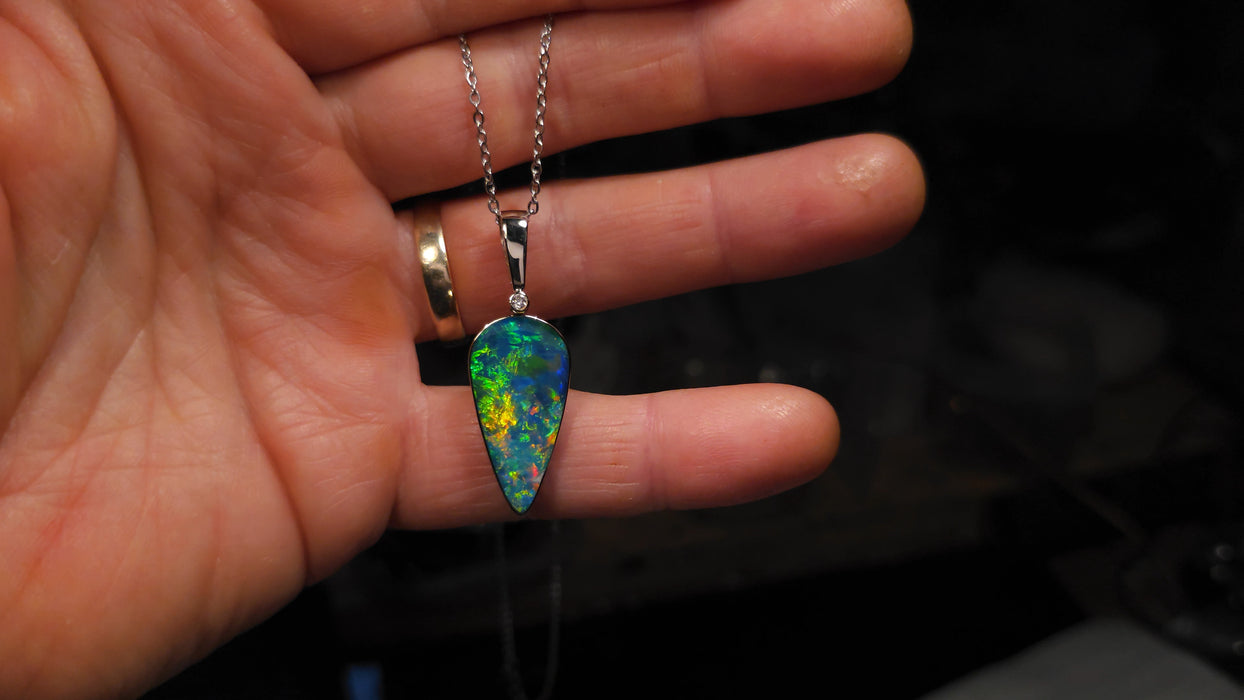 Fuego Raro' Rare Australian Opal & Diamond Pendant 14k White Gold 16.2ct O98