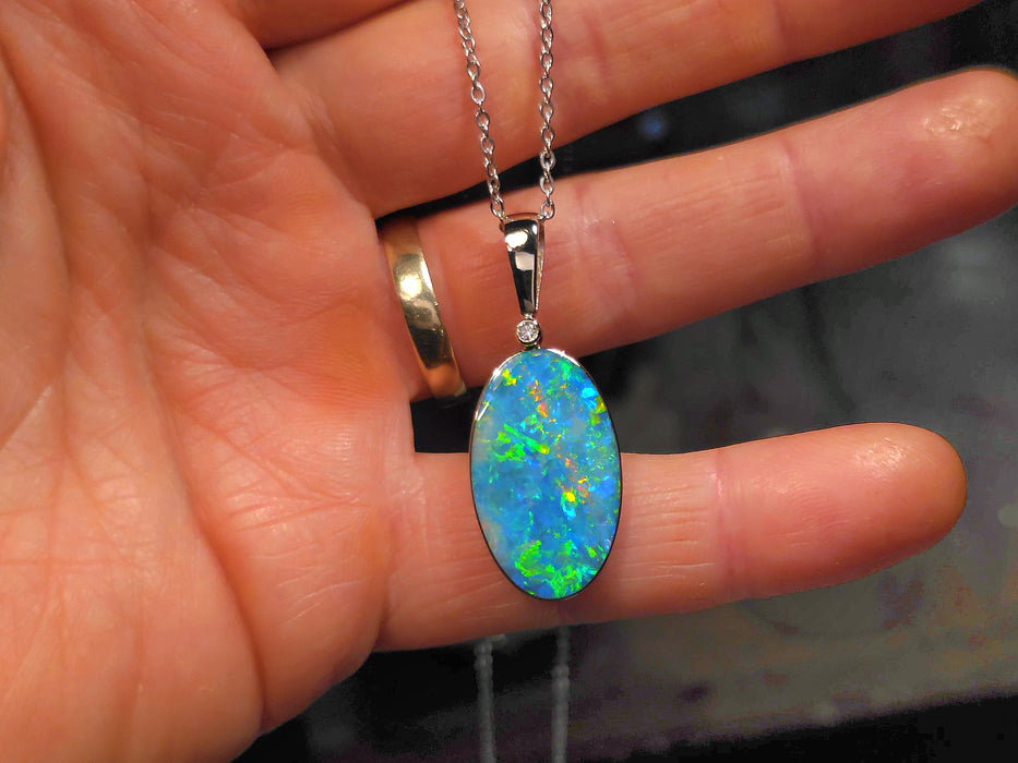 Verdi Gelidi' Rare Australian Opal & Diamond Pendant 14k White Gold 18ct O97