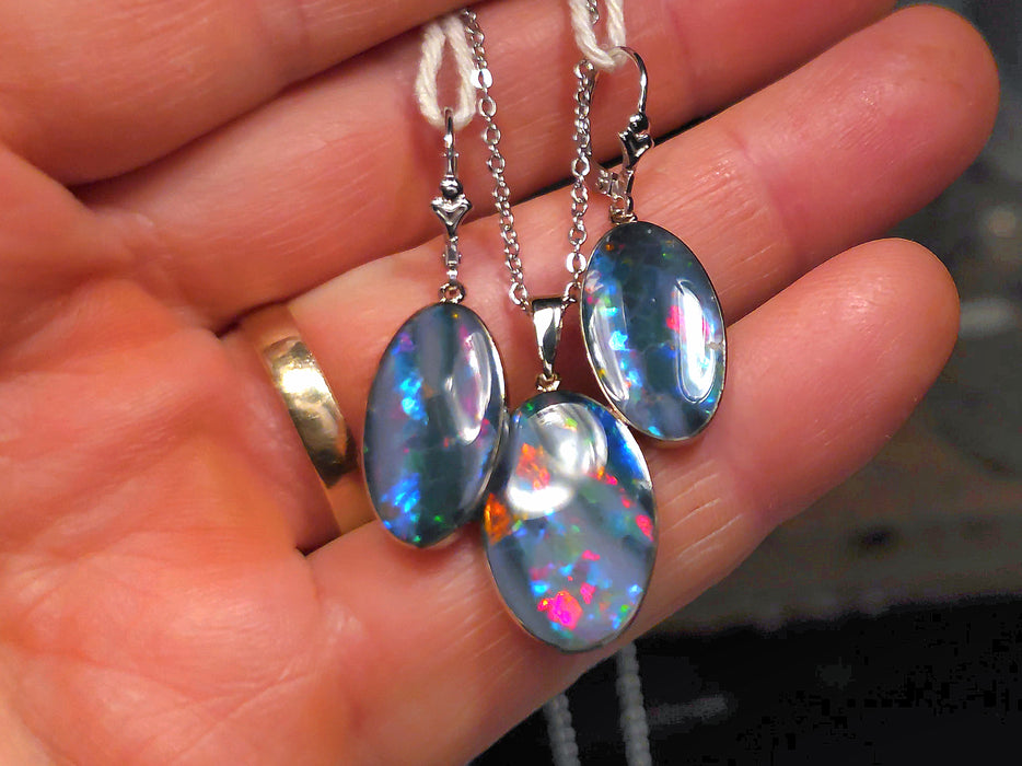 Three Rainbows' 14k White Gold Australian Opal Pendant & Earring Set 28ct O85