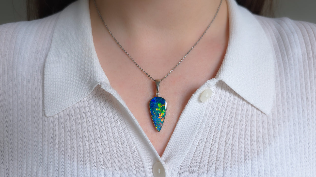 Fuego Raro' Rare Australian Opal & Diamond Pendant 14k White Gold 16.2ct O98