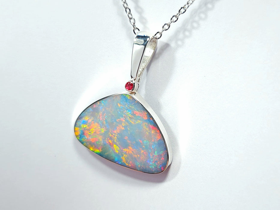 Orionis' Large Australian Silver Opal Pendant Natural Red Spinel 4.1g Q56