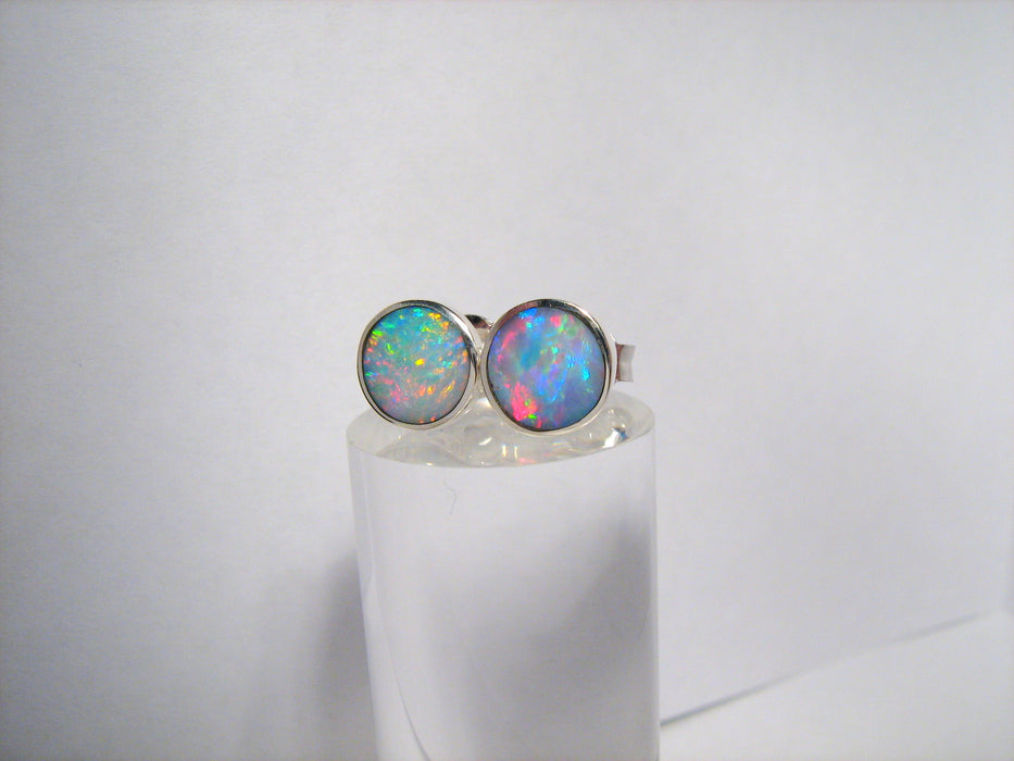 Australian Opal Earrings Silver Inlay Stud Jewelry Gem Gift 8mm 7.1ct J05