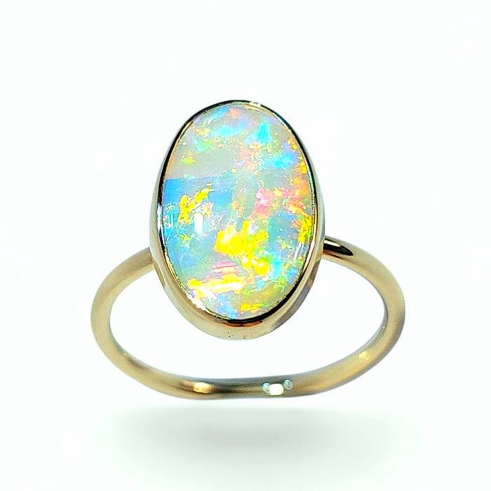 Firelight' Rare Solid Australian Opal Ring 14 K Gold Free Sizing 2.4g Q35