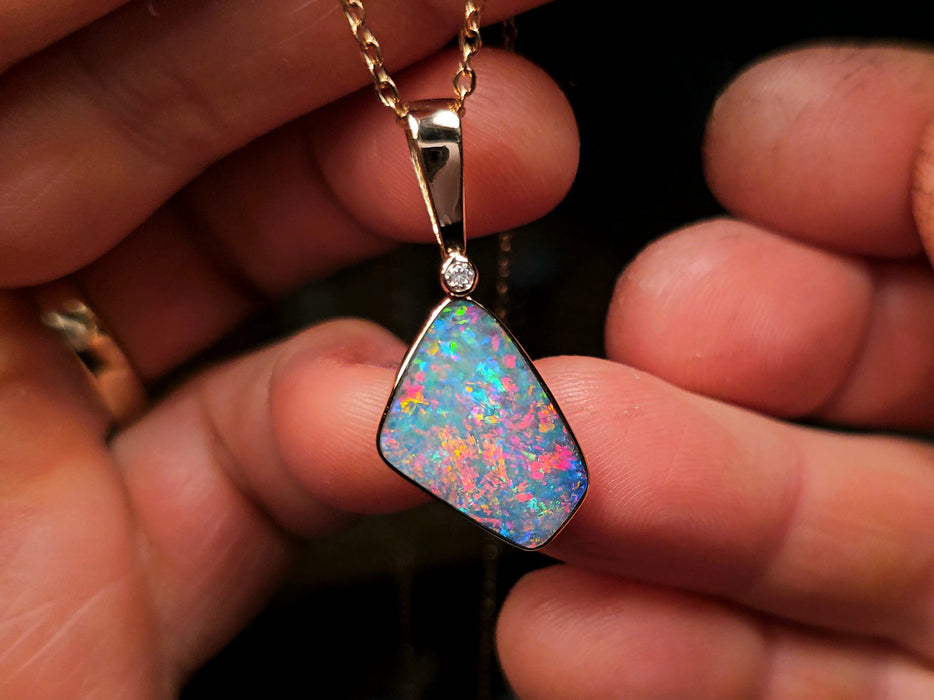 Rosaregale' Australian Opal & Diamond Pendant Gem Gift 14k Pink Gold 12ct O37