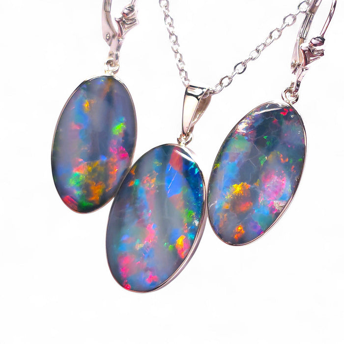 Three Rainbows' 14k White Gold Australian Opal Pendant & Earring Set 28ct O85