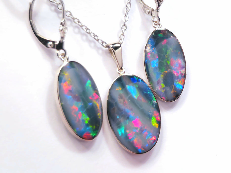 Three Rainbows' 14k White Gold Australian Opal Pendant & Earring Set 28ct O85