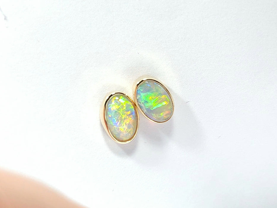 Sensho' Natural Australian Solid Crystal Opal and Gold Earring Studs 1.44g Q83