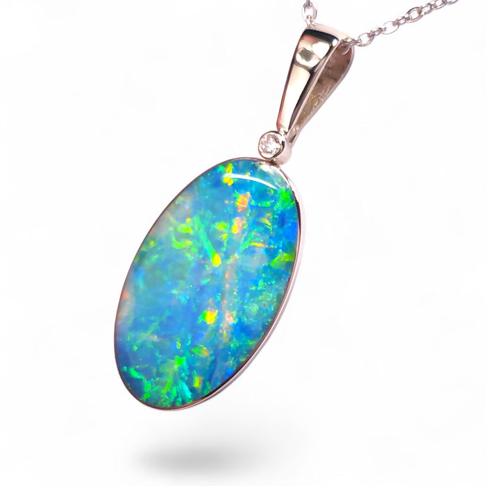 Verdi Gelidi' Rare Australian Opal & Diamond Pendant 14k White Gold 18ct O97