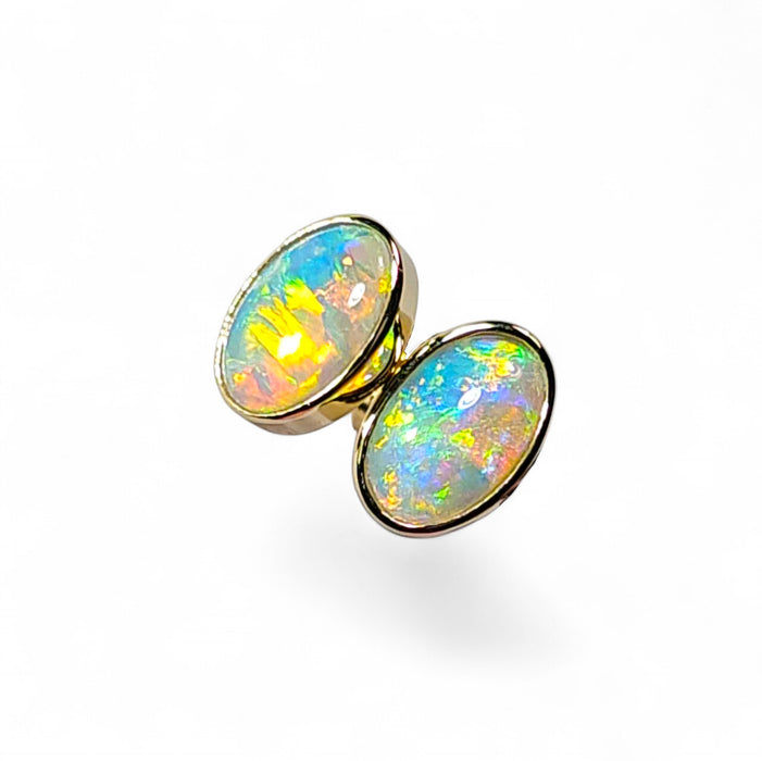 Sensho' Natural Australian Solid Crystal Opal and Gold Earring Studs 1.44g Q83
