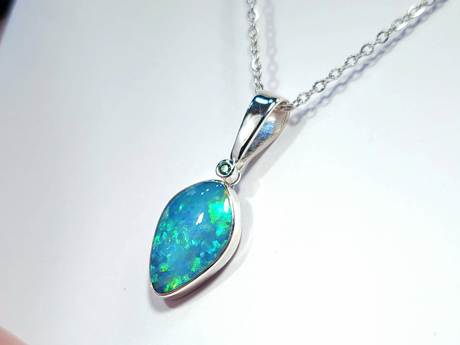 Librae' Large Australian Silver Opal Pendant Green Tsavorite 2.2g Q58