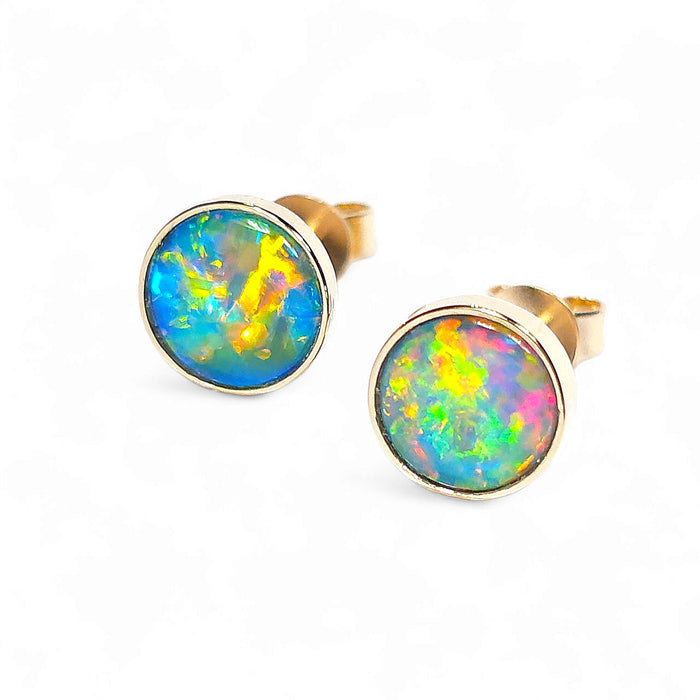 Fuego Regis' Australian Solid Opal Stud Earrings Jewelry Gem 8mm 14k 6.6ct O66
