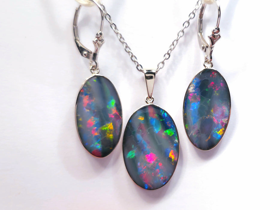 Three Rainbows' 14k White Gold Australian Opal Pendant & Earring Set 28ct O85