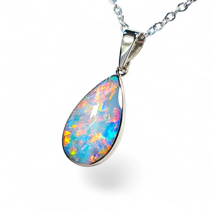 Feu Blanc' Rare Australian Opal Pendant 14k White Gold Gift 1.2g Q69