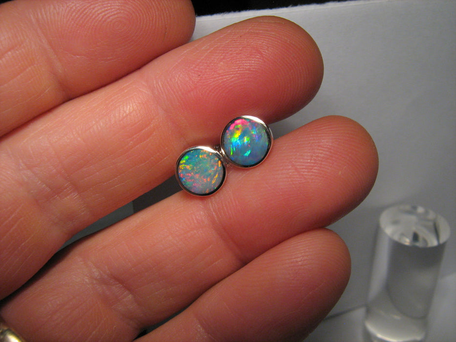 Australian Opal Earrings Silver Inlay Stud Jewelry Gem Gift 8mm 7.1ct J05