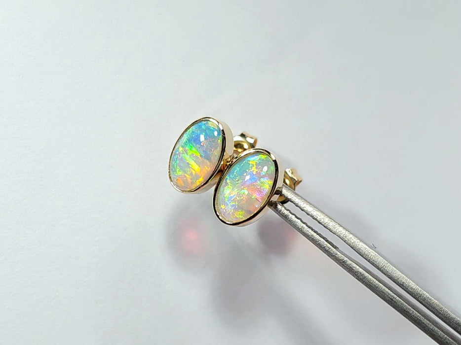 Sensho' Natural Australian Solid Crystal Opal and Gold Earring Studs 1.44g Q83