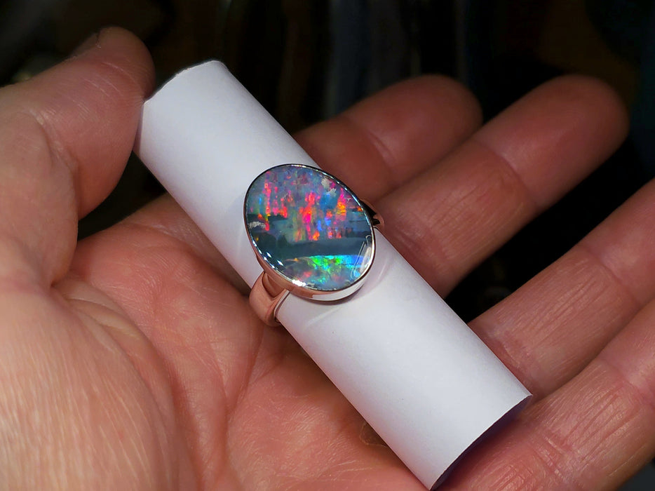 Bifrost' Large Unisex Australian Opal Silver Ring 8.8g Free Re-Size Q29