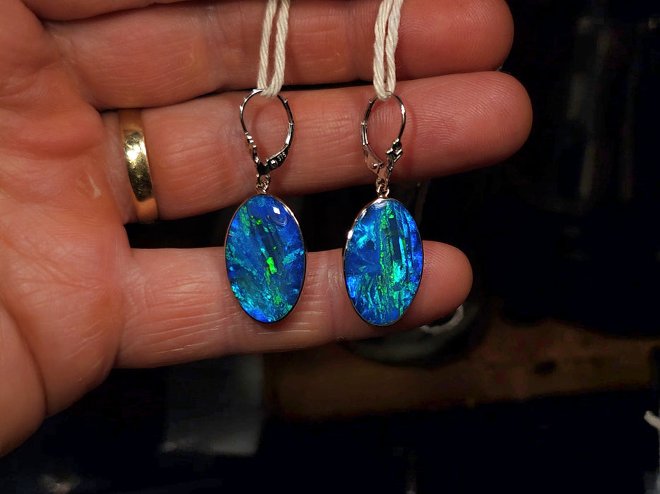 Blue Bells' Large Australian Opal Solid White Gold Dangle Earrings 4.6g Q63