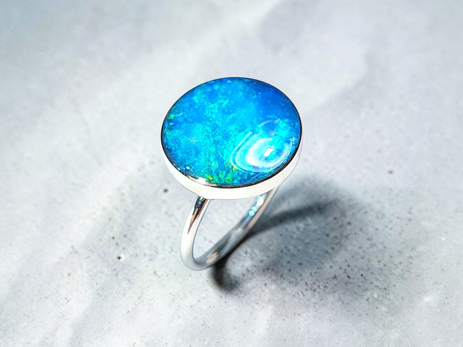 Earth' Genuine Australian Opal Ring 925 Silver Free Re-Size P43