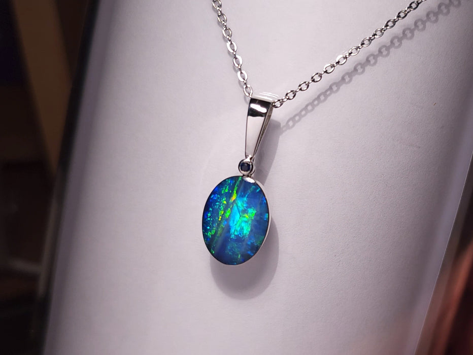 Neon Falls' Australian Silver Opal Pendant Natural Sapphire Jewelry 12.15ct J65