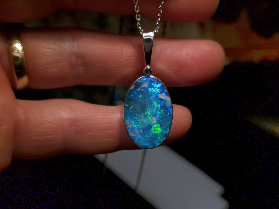 Tropos' Large Australian Silver Opal Pendant Natural Sapphire 18.3ct O56