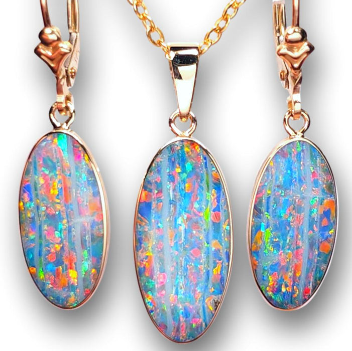 Coloratura' 14k Gold Rare Australian Opal Pendant & Earring Gem Set 17.3ct K07