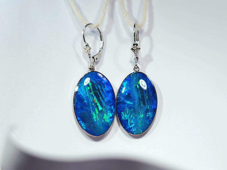 Blue Bells' Large Australian Opal Solid White Gold Dangle Earrings 4.6g Q63