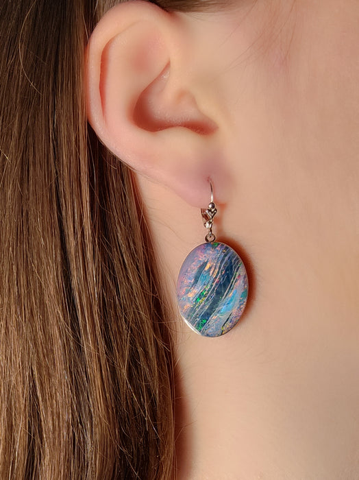 Lunar Fire' BIG Australian Opal Earrings Sterling Silver Inlay Jewelry 31ct J51