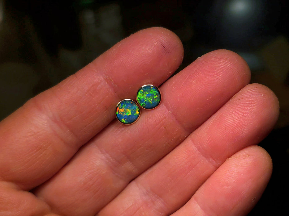Ora Dorata' Australian Stud Opal Earrings Inlay Jewelry Gift 8mm 14k 7.8ct O73