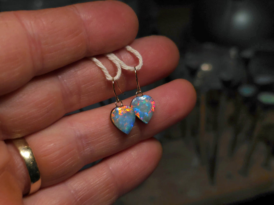Two Hearts' Australian Opal Dangle Doublet Earrings 14k Gold 5.3ct P23