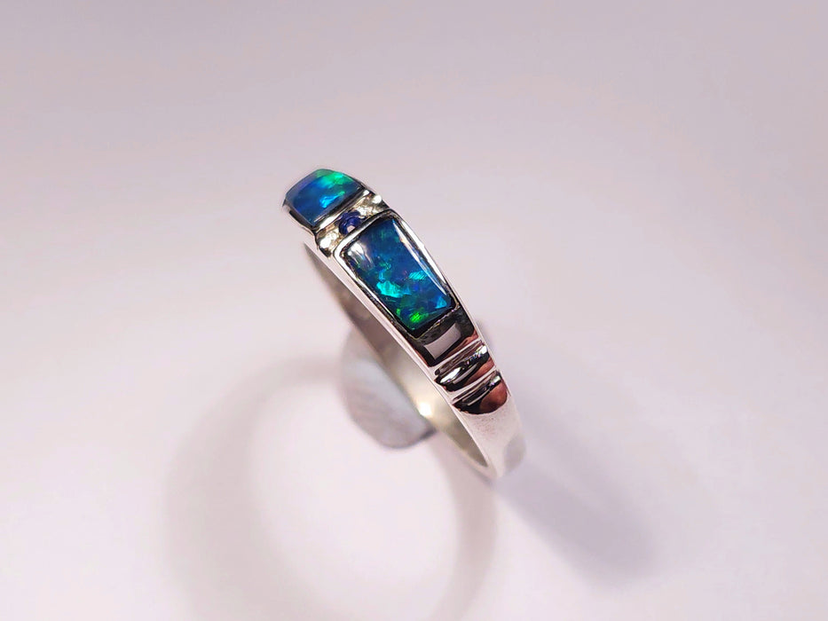 Sapphira' Natural Australian Opal & Sapphire Ring Size 6.5 Silver Gem Gift L02