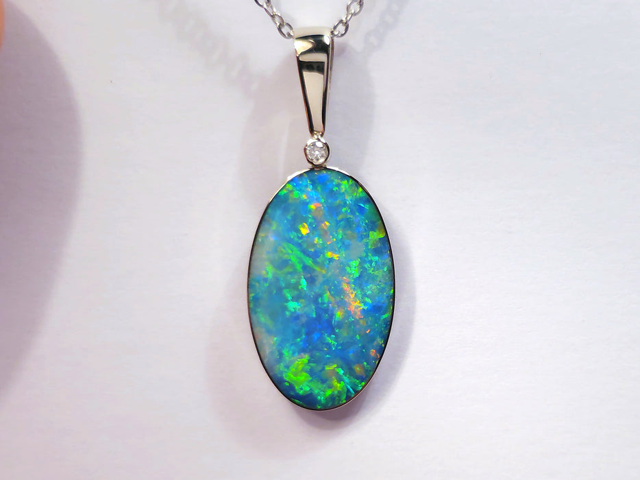 Verdi Gelidi' Rare Australian Opal & Diamond Pendant 14k White Gold 18ct O97