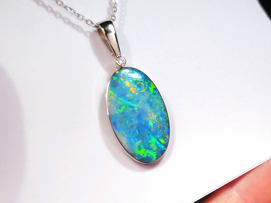Verdi Gelidi' Rare Australian Opal & Diamond Pendant 14k White Gold 18ct O97