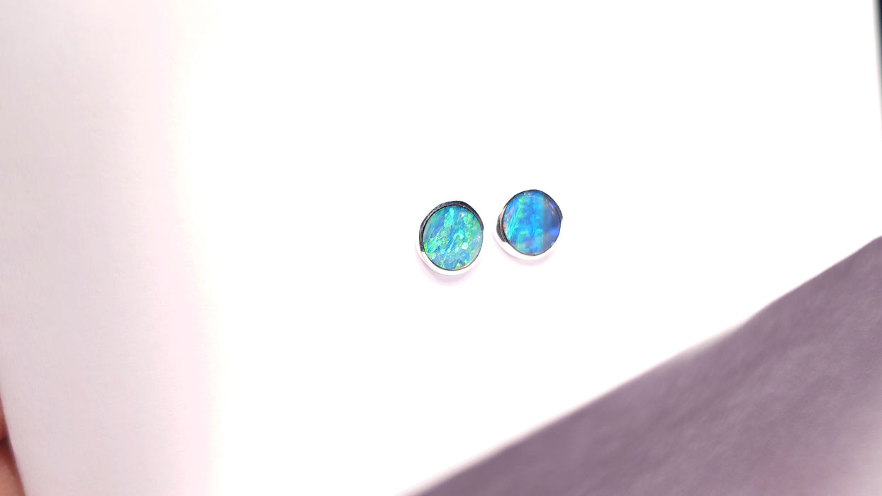 Emerald Sea' Australian Stud Opal Earrings Silver Inlay Gift 8mm 6.8ct K11