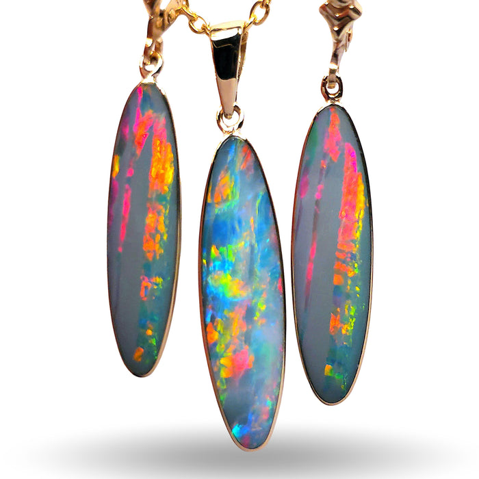 Fulmine Celeste' 14k Gold Rare Australian Opal Pendant & Earring Set 15.5ct M55