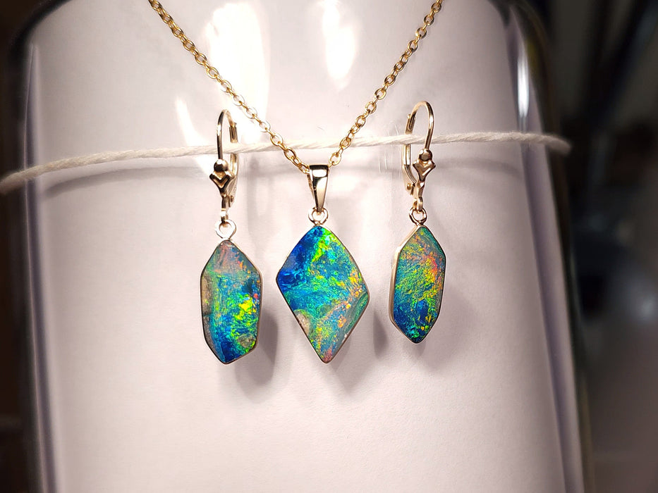 Nebulae' 14k Gold Rare Australian Opal Pendant & Earring Gem Set 17.8ct K05