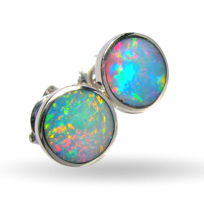 Australian Opal Earrings Silver Inlay Stud Jewelry Gem Gift 8mm 7.1ct J05