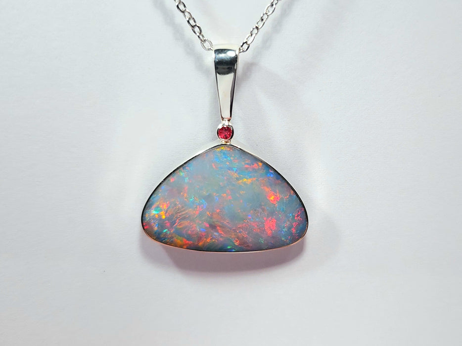 Orionis' Large Australian Silver Opal Pendant Natural Red Spinel 4.1g Q56