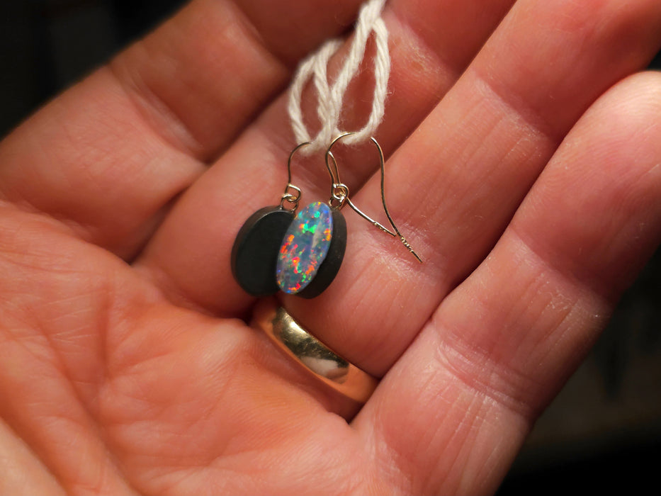 Blutenfeuer' Australian Opal Dangle Doublet Earrings 14k Gold 7.6ct P22