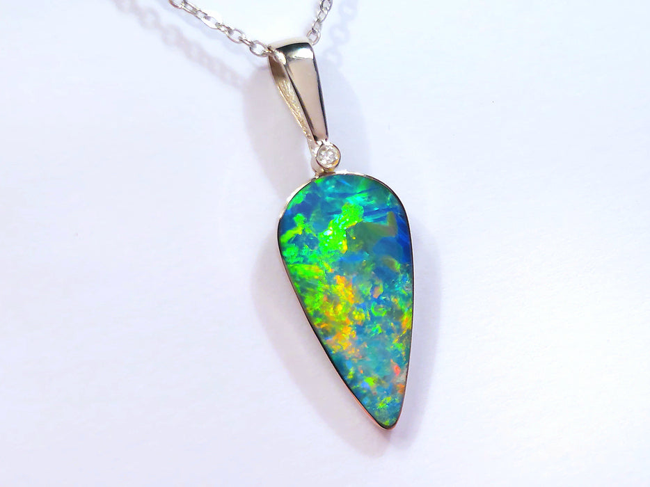 Fuego Raro' Rare Australian Opal & Diamond Pendant 14k White Gold 16.2ct O98