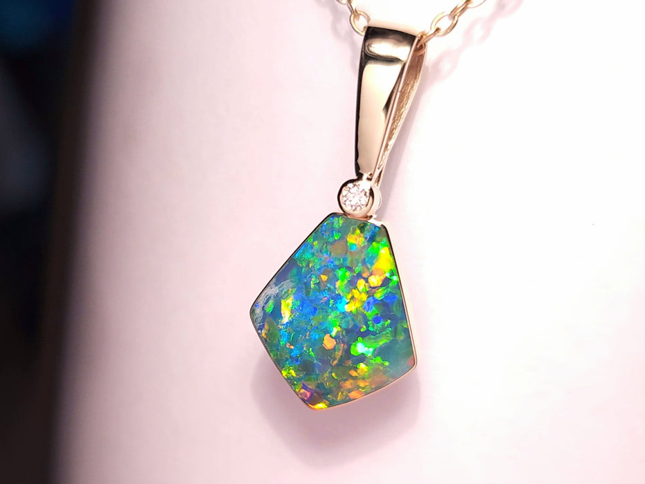 Rare Fire' Brilliant Gem Australian Opal Pendant & Natural Diamond 8.9ct J41